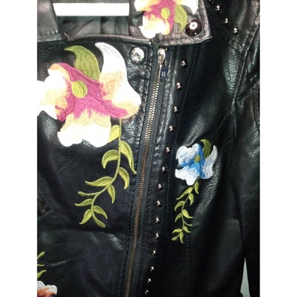 VINTAGE Women's Leather Motorcycle Jacket Med Black Floral Embroidered Zip-Up - Picture 9 of 10